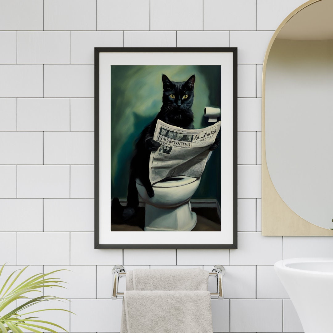Cat Sitting on the Toilet Reading a Newspaper, Funny Bathroom Wall ...