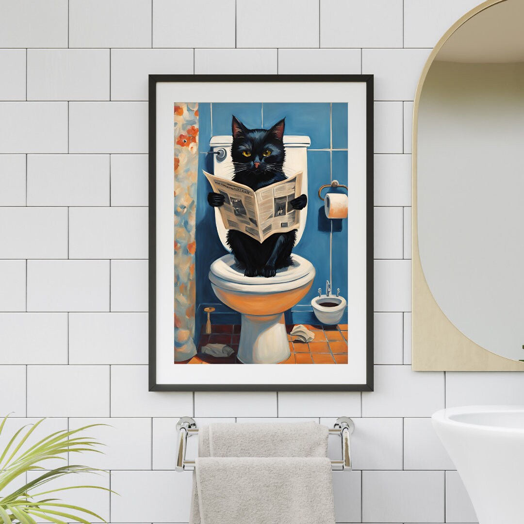 Cat Sitting on the Toilet Reading a Newspaper, Funny Bathroom Wall ...