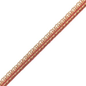 May include: A decorative trim with a repeating pattern of loops and woven sections. The trim features a color palette of beige, red, and gold. The trim is angled diagonally across a white background, showcasing its design and texture.