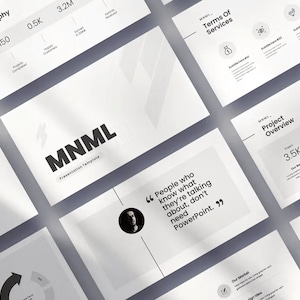 Puede incluir: Una plantilla de presentación minimalista con un fondo blanco y texto y gráficos negros. El texto "MNML Presentation Template" se muestra en un tamaño de fuente grande. La cita "Las personas que saben de lo que están hablando no necesitan PowerPoint." también se muestra en la plantilla.