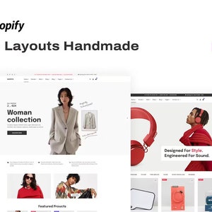 Peut inclure: Deux captures d'écran d'un site Web présentant un thème Shopify avec une variété de mises en page. La première capture d'écran montre une femme portant un blazer beige et le texte "Collection femme". La deuxième capture d'écran montre une personne portant un casque rouge et le texte "Conçu pour le style. Conçu pour le son."