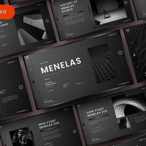 May include: A black and white presentation template with the title "Menelas" and the text "Business Presentation Template". The template features a variety of images, including a 3D rendering of a geometric pattern, a close-up of a textured surface, and a photo of a person.