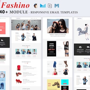 Peut inclure: Une collection de modèles d'e-mails pour une boutique de mode en ligne. Les modèles présentent des images de vêtements, d'accessoires et de mannequins. Le texte sur les modèles comprend "Fashino", "40+ Module", "Modèles d'e-mails adaptatifs", "Offre d'été", "60% de réduction", "70% de réduction", "Achetez 1, obtenez 1 offert" et "Offres de saison".