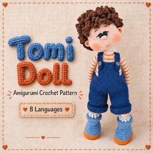 Tomi Virkad docka Mönster PDF, 8 Språk, Amigurumi docka i Overall, Steg-för-steg Fotohandledning