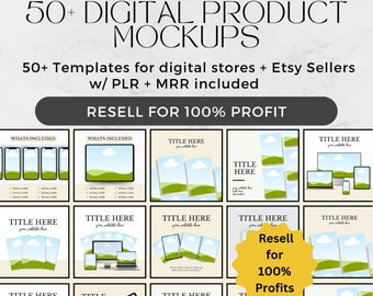 50 Etsy Listing Digital Product Mockups Template Bundle, Canva Etsy shop mockups PLR MRR Master Resell Rights, Resell for 100% profit