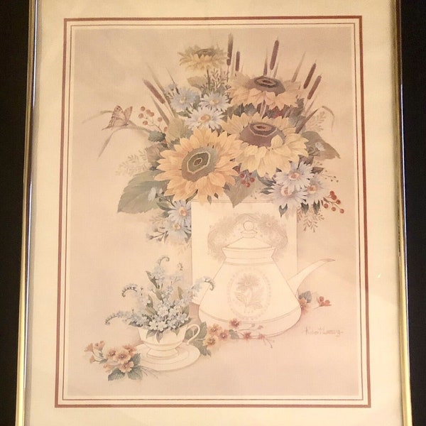 Vtg Robert Laessig Framed Art Print 16x20 Floral Decor Teapot Farmhouse Boho Art
