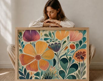 May include: A rectangular framed wall art piece featuring a vibrant botanical illustration. The artwork displays large stylized flowers in shades of orange, yellow, pink, and purple, set against a cream background with dark teal foliage.