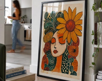 Impresión de arte de pared de girasol, decoración de retrato popular de terracota, impresión de mujer bohemia