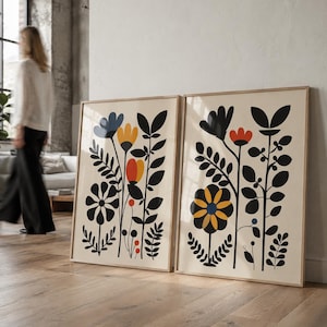 Scandinavian Wall Art Set of 2, Norwegian Folk Art Prints, Nordic Floral Decor, Minimalist Botanical Artwork
