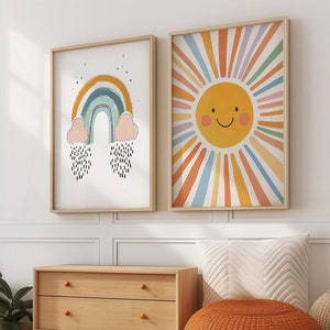 Sun Art For Kids Room Rainbow Playroom Decor Sunshine Nursery Prints Nursery Wall Art Rainbow Wall Prints Boho Sun Art Nursery Sun Wall Art