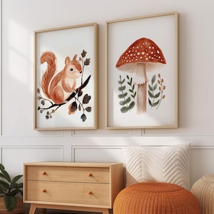 Woodland Nursery Art Nature Nursery Prints, Printable Nursery Art Squirrel Print For Kids Mushroom Nursery Print Woodland Animals Wall Art