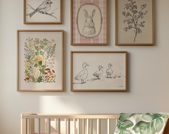 Vintage Nursery Art Duck Nursery Prints Farmhouse Nursery Art Wildflower Wall Decor Baby Girl Nursery Prints Vintage Baby Room Wall Art