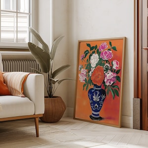 Arte de pared con peonías en un jarrón, estampado de flores de colores, arte floral imprimible, estampado de flores, arte floral maximalista, arte de peonías para sala de estar
