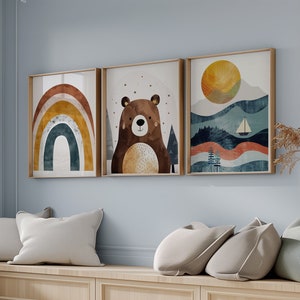 Set of 3 Prints Boys Room Decor Nordic Nursery Art Kids Room Decor Bear Print Adventure Nursery Mountain Print Sunshine Print Rainbow Print