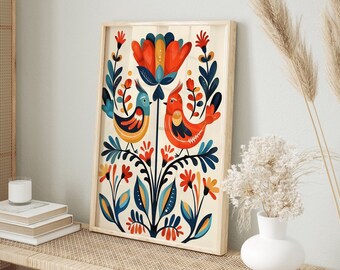 Norwegian Folk Art Floral Bird Print Set of 3, Nordic Wall Art, Bedroom ...