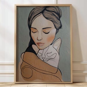 Contemporary Line Art Painting Cat Lover Wall Decor Minimalist Feminine Art Cozy Pet Illustration Cat Lover Wall Art Contemporary Cat Art