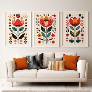 Scandinavian Folk Art Norwegian Wall Art Floral Print Set of 3 Nordic Prints Scandi Wall Art Flat Flower Art Bedroom Print Scandi Home Decor