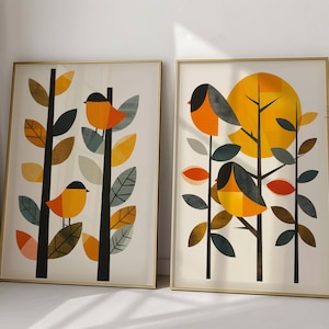 Scandinavian Art Norwegian Bird Art Floral Bird Prints Set of 2 Nordic Wall Art Bedroom Living Room Home Cafe Decor Scandi Wall Prints