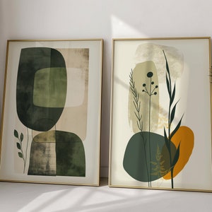 Conjunto de 2 impresiones de arte abstracto verde salvia, arte de mediados de siglo, formas abstractas bohemias, arte de pared, decoración contemporánea para el hogar, impresiones de arte verde y beige