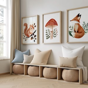 Arte della scuola materna del bosco, Stampe della natura della scuola materna, Arte stampabile della scuola materna, Stampa volpe per bambini, Stampa della scuola materna dei funghi, Arte della parete degli animali del bosco