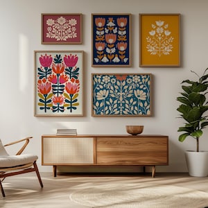 Scandinavian Folk Art Gallery Nordic Print Scandi Art Norway Print Botanical Poster Matisse Style Art Navy Blue Wall Art Folk Kitchen Print