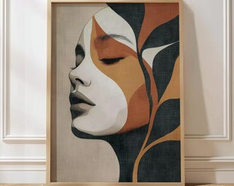 Abstracte vrouwengezicht print, moderne boho portret kunst aan de muur, neutrale terracotta minimalistische vrouwelijke lijntekeningen