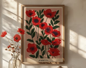 Poppy Print, Botanical Print Poster, Vintage Decor Minimalist, Colorful Print, Bedroom Decor Poppy Art Print