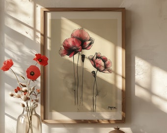 Poppy Print, Botanical Print Poster, Vintage Decor Minimalist, Colorful Print, Bedroom Decor Poppy Art Print Poppy Painting