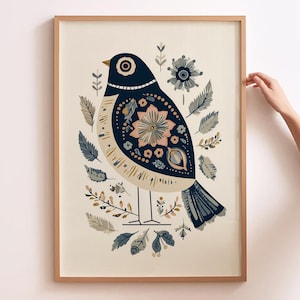 Polska sztuka ludowa ptak nadruk vintage skandynawska kwiatowa ilustracja ptak rustykalna natura sztuka ścienna boho cottagecore wystrój domu granatowa sztuka kuchenna