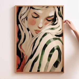 Abstract People Print Modern Woman Painting Striped Wall Art Blonde Woman Art Modern Wall Hanging Contemporary Wall Decor Abstract Woman Art