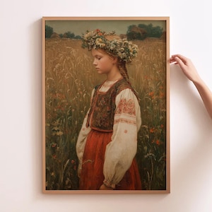 Polish Folk Painting Retro Folk Art Polish Folk Girl Illustration Farmhouse Nursery Art Hygge Home Decor Rustic Polish Wall Art