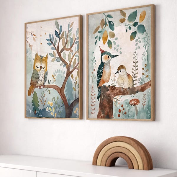 Bos kinderkamer prints babykamer decor bosrijke kinderkamer muur kunst cadeau bos vogel prints kinderkamer decor bosrijke kinderkamer schilderijen