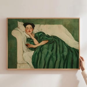 ワインカートの装飾 グリーンウォールアート 現代女性プリント エメラルドグリーンアート リビングルームウォールデコ ワインプリント フェミニストポスター ミッドセンチュリーアート
