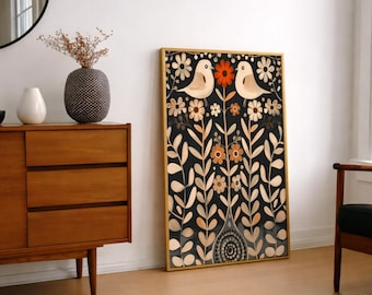Skandinavische Volkskunst Vogel Druck, Nordische Blumen Wandkunst, Skandinavische Blumenmalerei