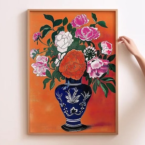 Arte de pared con peonías en un jarrón, estampado de flores de colores, arte floral imprimible, estampado de flores, arte floral maximalista, arte de peonías para sala de estar