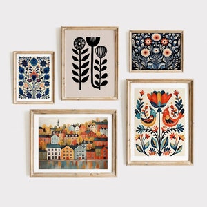 Scandinavian Art Norwegian Folk Art Floral Bird Print Nordic Art Gallery Living Room Art Modern Home Decor, Cafe Art Set Scandi Art