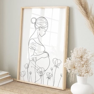 Arte del embarazo Mujer embarazada Línea Arte Partera Oficina Arte Regalo para la madre embarazada Mujer embarazada Cartel del cuerpo Mamá Obra de arte Regalo para Doula