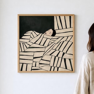 Modern abstrakt kvinnokonst, fyrkantig väggkonst, minimalistisk neutral inredning, svart och beige tryck