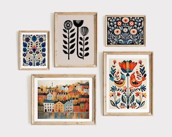 Scandinavian Art Norwegian Folk Art Floral Bird Print Nordic Art Gallery Living Room Art Modern Home Decor, Cafe Art Set Scandi Art