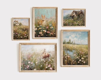Wildflower Meadow Nursery Art, Vintage Wildflower Art, Floral Nursery Decor, Set Of 5, Baby Girl Nursery Art, Baby Girl Room Wall Art