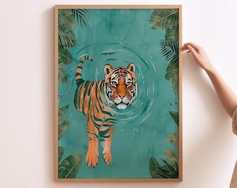 Tiger Art Print, Kids Room Jungle Art, Tiger wall Art, Safari Animals, Tiger Poster, Tropical Wall Decor, Jungle Painting, Swimming Tiger
