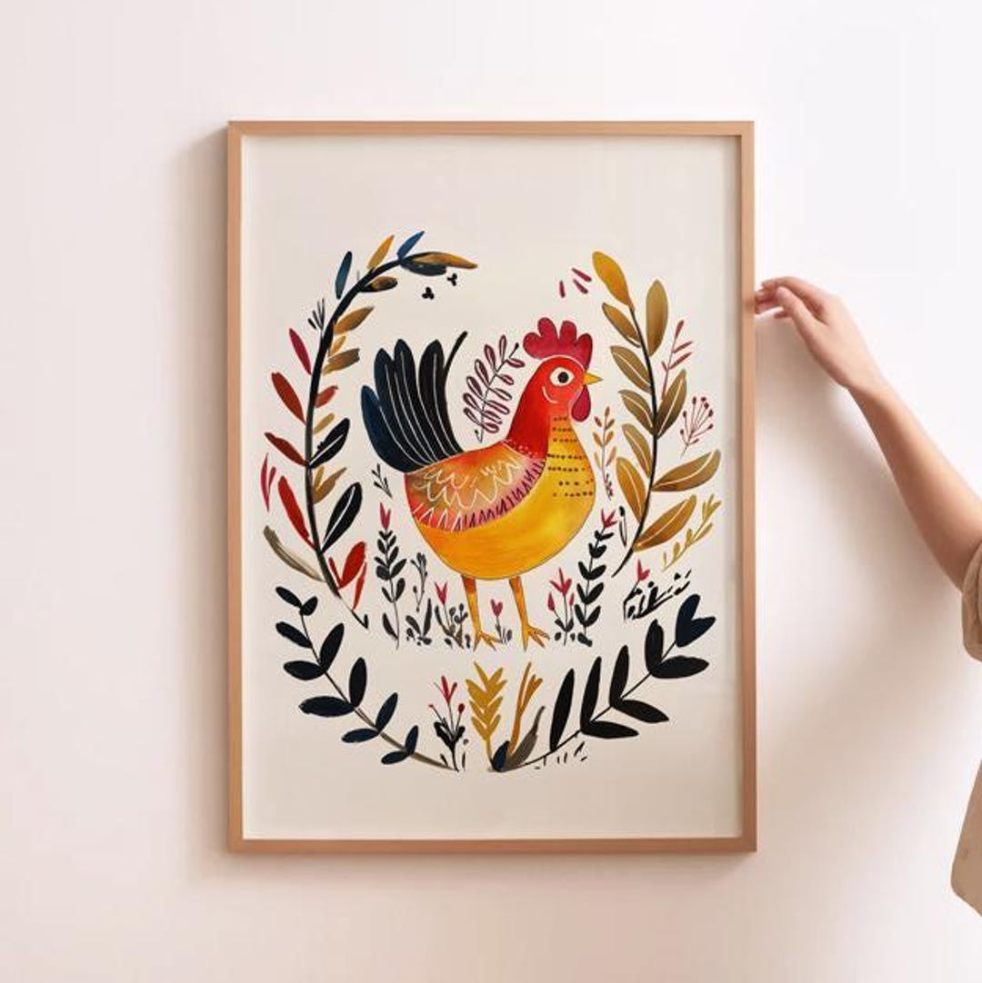 Folk Rooster Print Gift for Chicken Lover Farmhouse Kitchen Decor