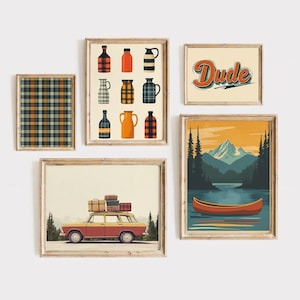 Juego de 5 láminas para habitación de niño, arte para dormitorio infantil, láminas de camping, arte mural de aventuras, arte de montaña, arte de coches clásicos, láminas de aventuras al aire libre.
