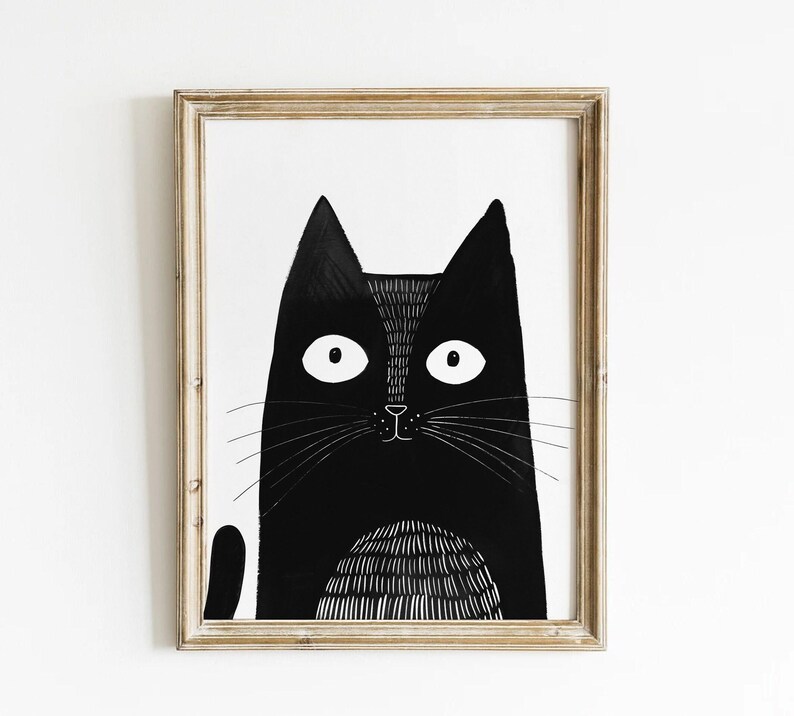 Modern Cat Art Black Cat Print Contemporary Cat Art Black Cat Wall Art Cat Lover Art Abstract Black Cat Art Funny Cat Print Monochrome Cat image 4