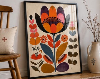 Scandinavian Folk Flower Print, Colorful Botanical Wall Art, Retro Floral Poster, Bold Floral Nature Decor