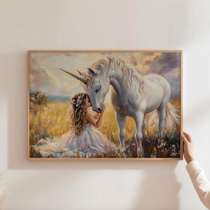 Nursery Unicorn Wall Art Unicorn Print Magical Nursery Print Little Girl And Her Unicorn Friendship Art Pink Unicorn Painting Girl Art