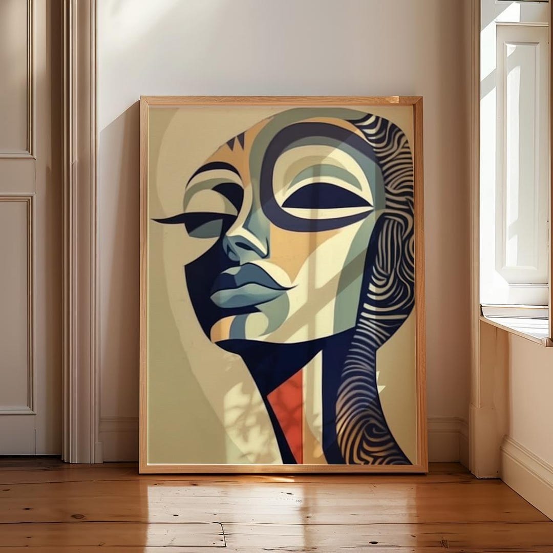 Abstract Art Women's Face Art Beige on Black Print Matisse