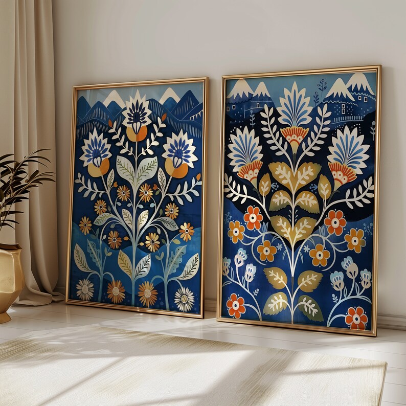 Picture of Scandinavian Art Norway Folk Art Floral Print Set of 2 Nordic Wall Art ...