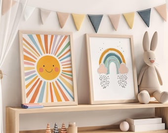 Sun and Rainbow Nursery Prints Set of 2 Kids Room Wall Art Playful Boho Baby Room Decor Gender Neutral Artwork Happy Sunshine