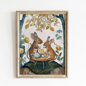 Woodland Nursery Print Mice Tea Party Wall Art Cottagecore Kids Prints Woodland Nursery Prints Cottagecore Wall Art Wildflower Kids Art